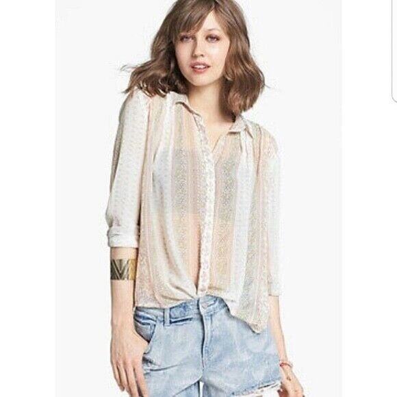 Free People Moonlight Mile Georgette Floral Blouse XS Pink Coastal Sheer Boho - Picture 1 of 12